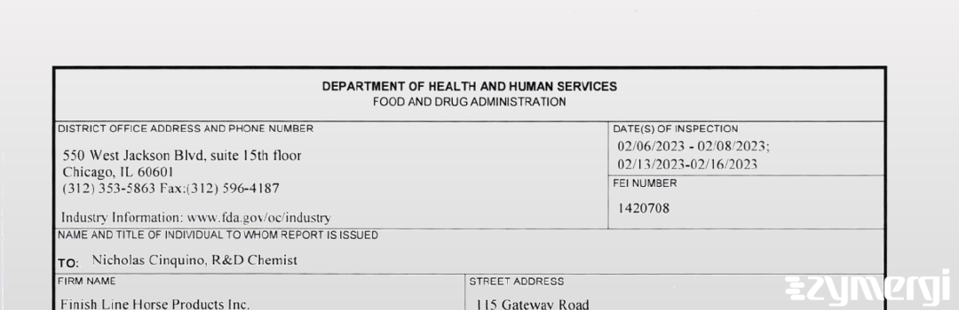 FDANews 483 Finish Line Horse Products, Inc. Feb 16 2023 top