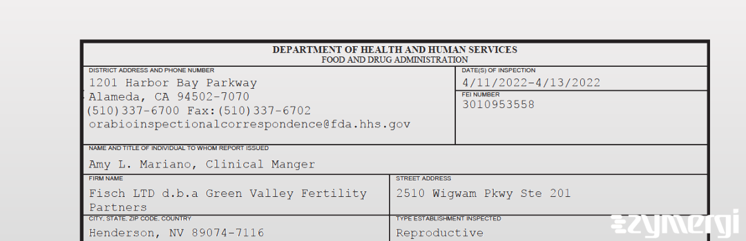 FDANews 483 Fisch LTD d.b.a Green Valley Fertility Partners Apr 13 2022 top