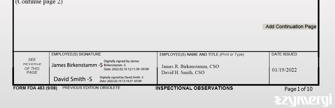 David H. Smith FDA Investigator James R. Birkenstamm FDA Investigator