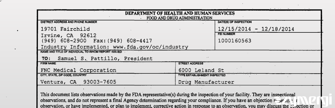 FDANews 483 FNC Medical Corporation Dec 18 2014 top