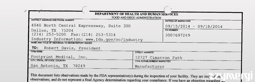 FDANews 483 Footprint Medical, Inc. Sep 18 2014 top