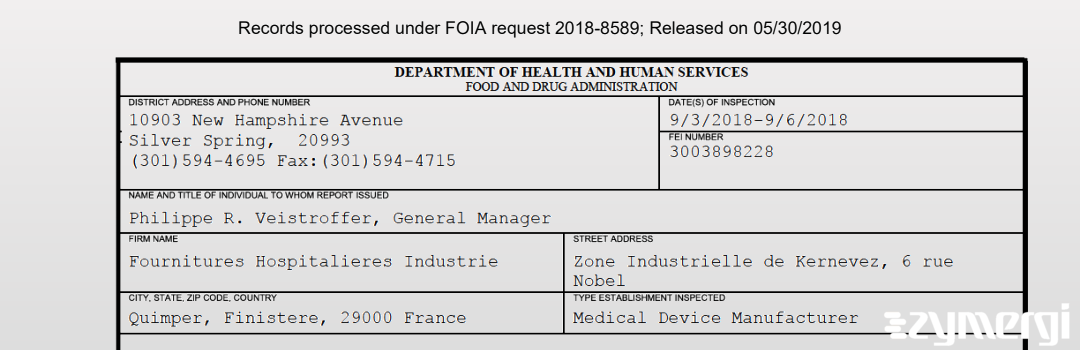 FDANews 483 Fournitures Hospitalieres Industrie Sep 6 2018 top