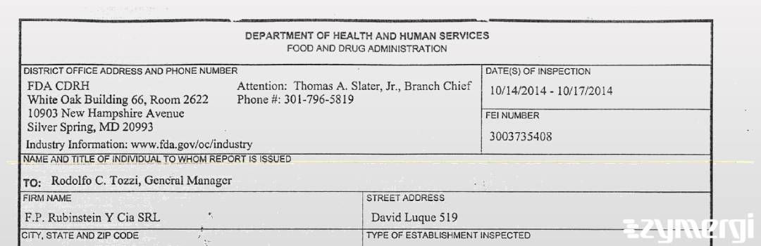 FDANews 483 F.P. Rubinstein Y Cia SRL Oct 17 2014 top