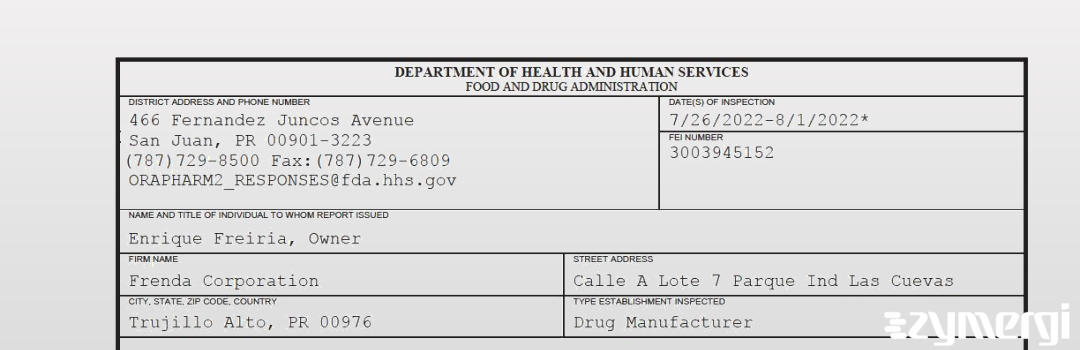 FDANews 483 Frenda Corporation Aug 1 2022 top