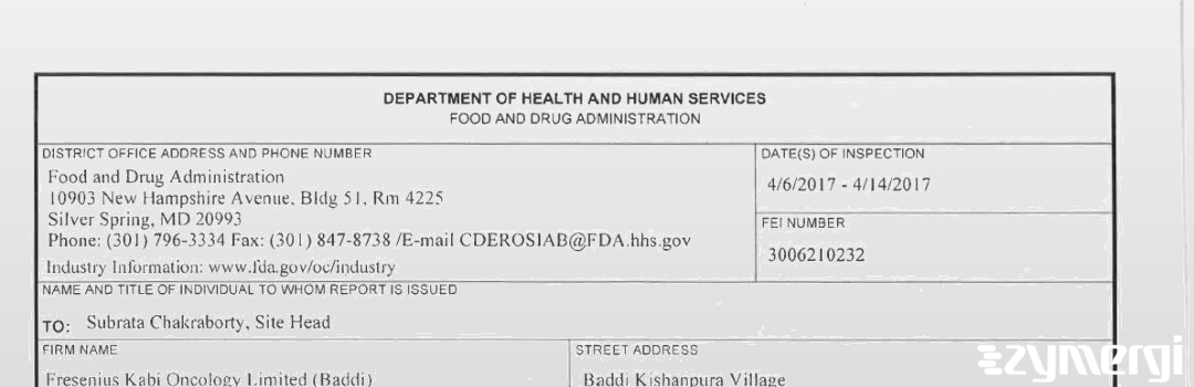 FDANews 483 Fresenius Kabi Oncology Limited (Baddi) Apr 14 2017 top