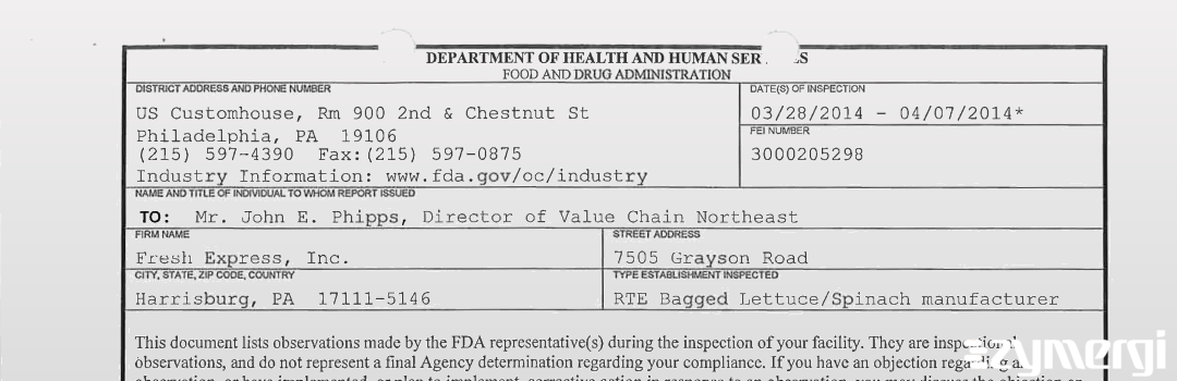 FDANews 483 Fresh Express, Inc. Apr 7 2014 top