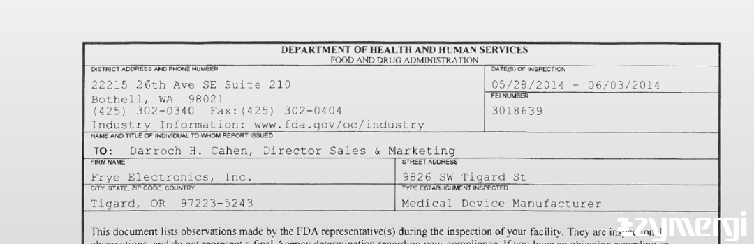 FDANews 483 Frye Electronics Inc Jun 3 2014 top