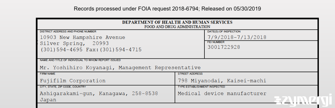 FDANews 483 Fujifilm Corporation Jul 13 2018 top