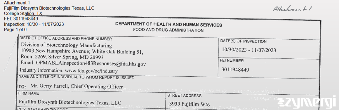 FDANews 483 FUJIFILM Diosynth Biotechnologies Texas, LLC Nov 7 2023 top