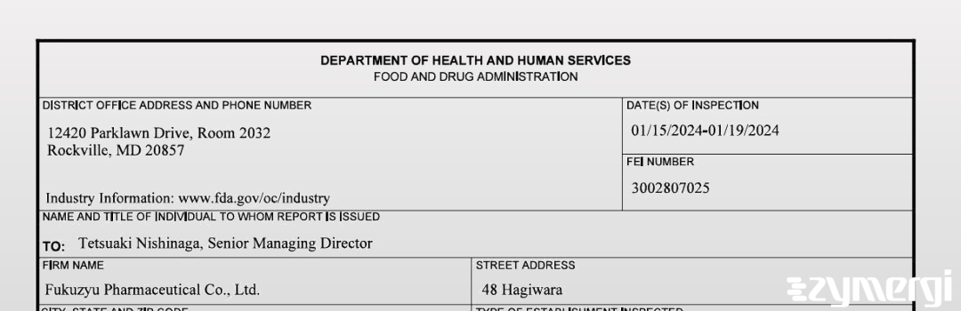 FDANews 483 Fukuzyu Pharmaceutical Co., Ltd. Jan 19 2024 top