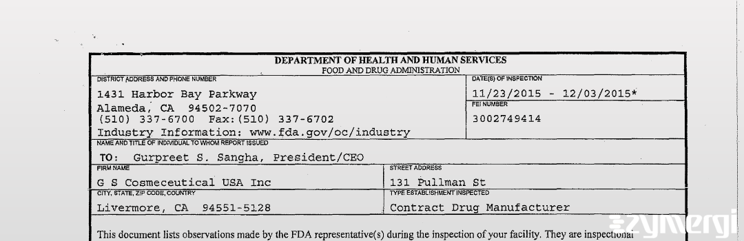FDANews 483 G S Cosmeceutical USA Inc Dec 3 2015 top
