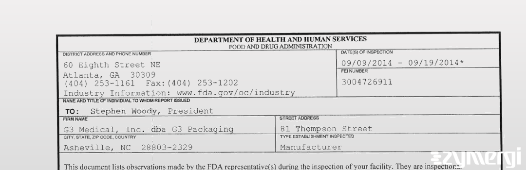 FDANews 483 G3 Medical, Inc. dba G3 Packaging Sep 19 2014 top