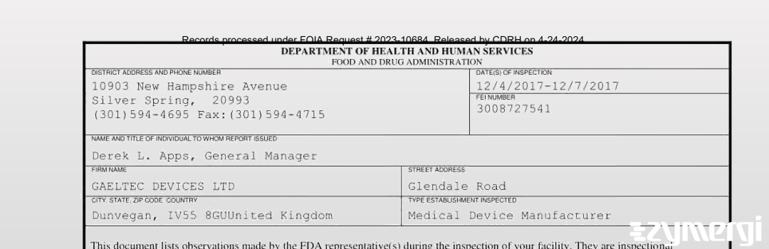 FDANews 483 GAELTEC DEVICES LTD Dec 7 2017 top