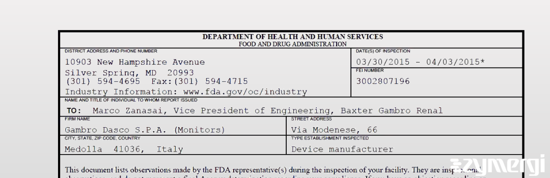 FDANews 483 Gambro Dasco S.P.A. (Monitors) Apr 3 2015 top