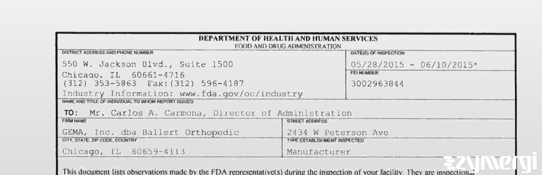 FDANews 483 GEMA, Inc. dba Ballert Orthopedic Jun 10 2015 top
