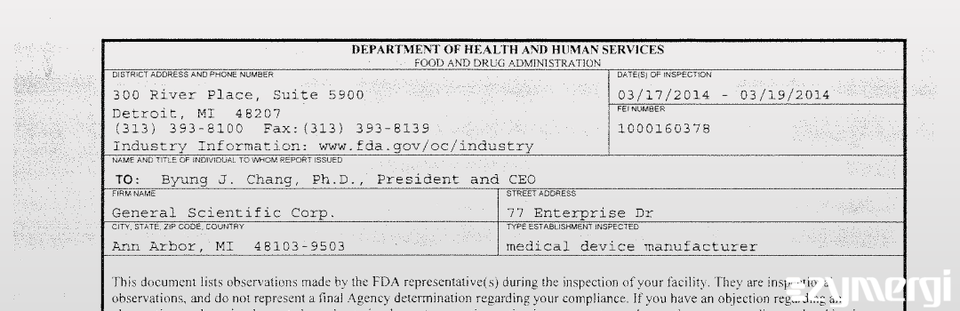 FDANews 483 General Scientific Corp. Mar 19 2014 top