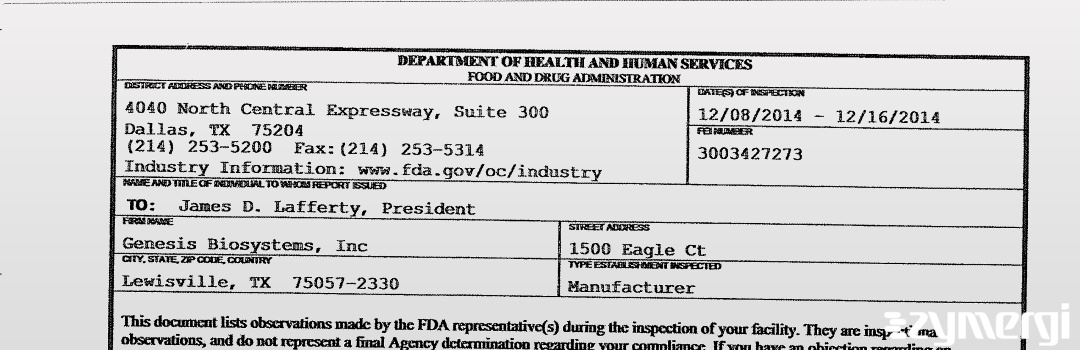 FDANews 483 Genesis Biosystems, Inc Dec 16 2014 top