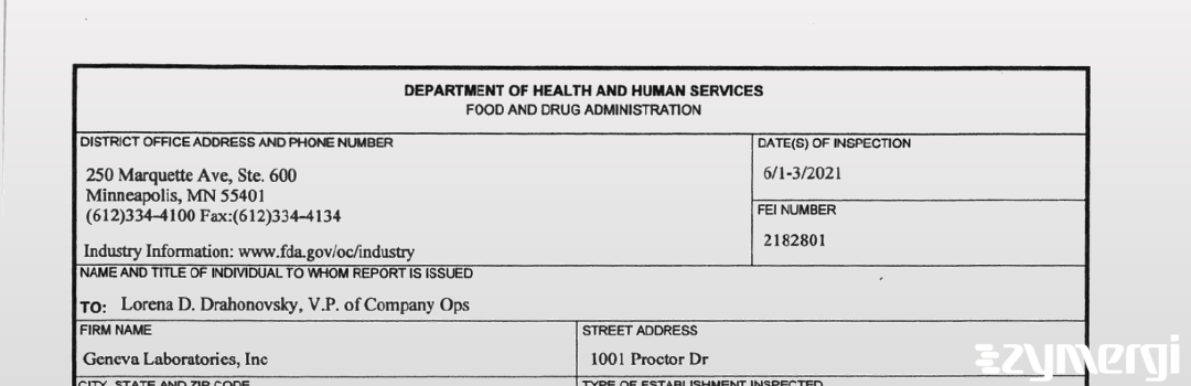 FDANews 483 Geneva Laboratories, Inc Jun 3 2021 top