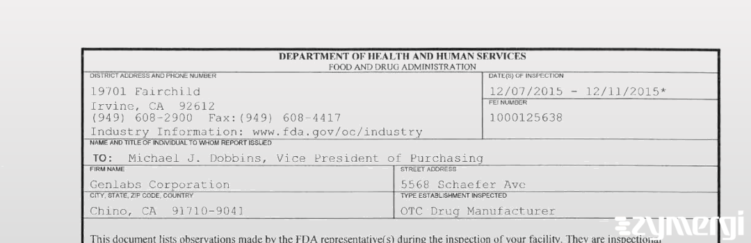FDANews 483 Genlabs Corporation Dec 11 2015 top