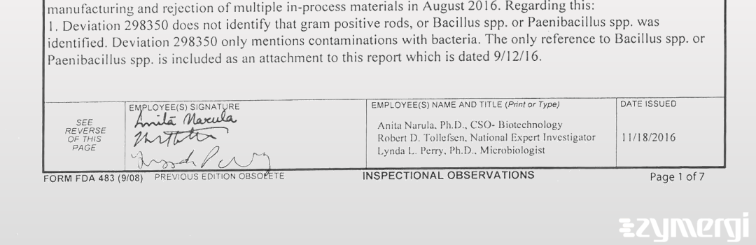 Anita Narula FDA Investigator Robert D. Tollefsen FDA Investigator Lynda L. Perry FDA Investigator