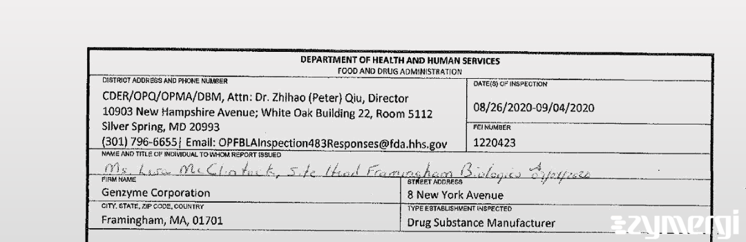 FDANews 483 Genzyme Corporation Sep 4 2020 top