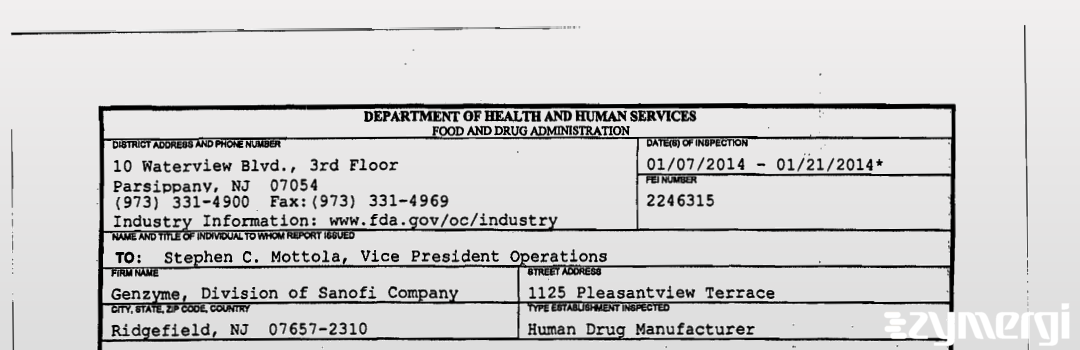 FDANews 483 Genzyme Corporation / Genzyme Biosurgery Jan 21 2014 top