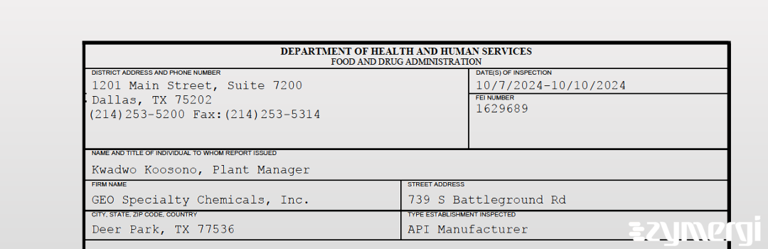 FDANews 483 GEO Specialty Chemicals, Inc. Oct 10 2024 top