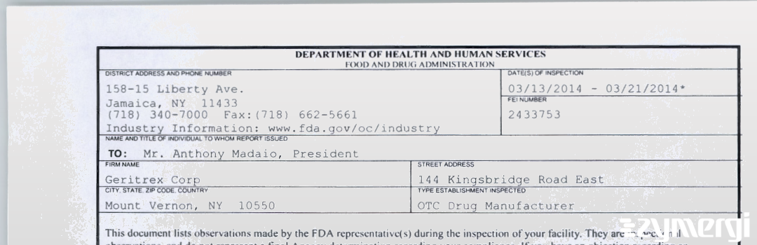FDANews 483 Geritrex Corp Mar 21 2014 top