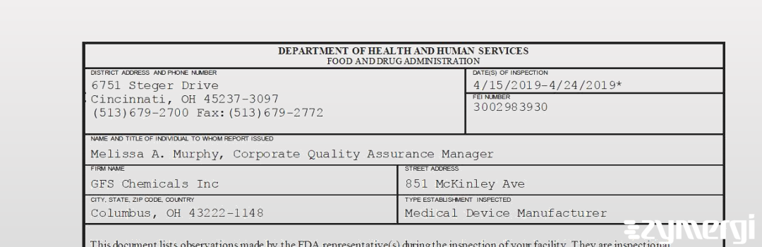 FDANews 483 GFS Chemicals Inc Apr 24 2019 top