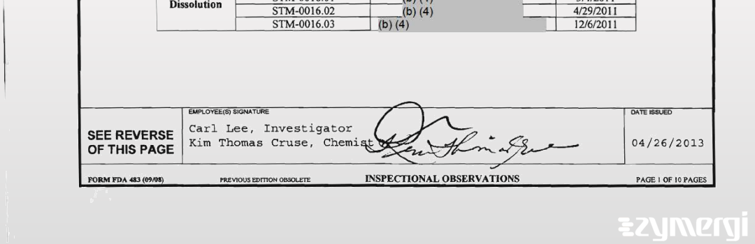 Kim L. Thomas Cruse FDA Investigator Carl Lee FDA Investigator Thomas Cruse, Kim L FDA Investigator 