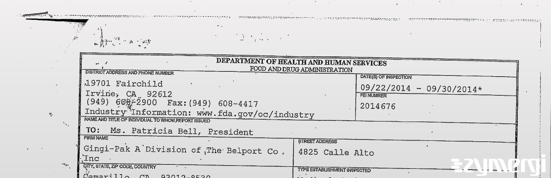 FDANews 483 Gingi-Pak A Division of the Belport Co., Inc Sep 30 2014 top