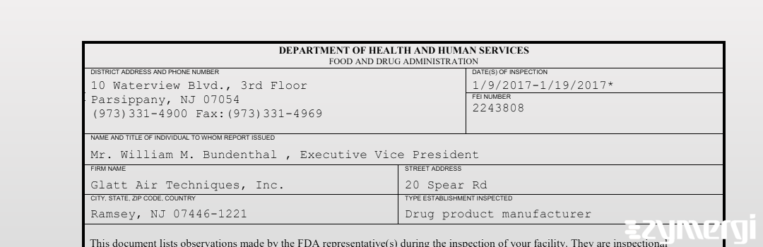 FDANews 483 Glatt Air Techniques, Inc. Jan 19 2017 top