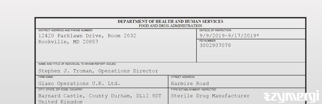 FDANews 483 Glaxo Operations U.K. Ltd. Sep 17 2019 top