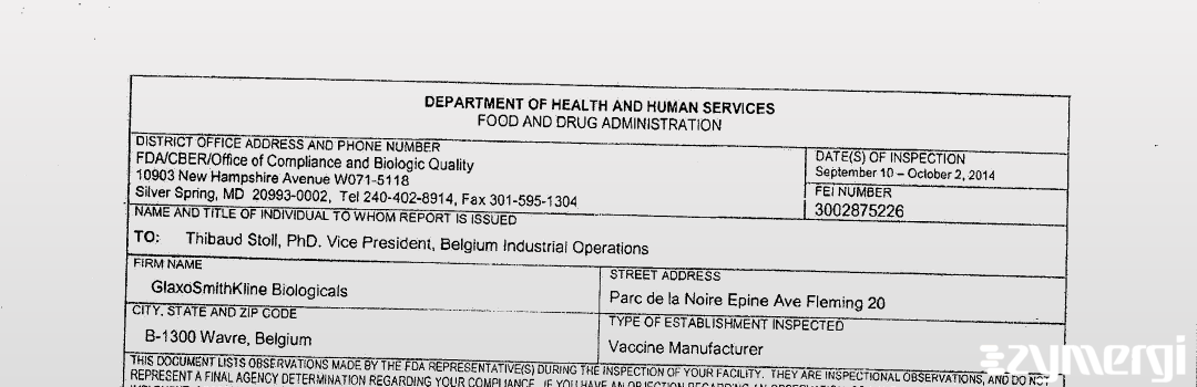 FDANews 483 Glaxo Smithkline - Rixensart Oct 2 2014 top