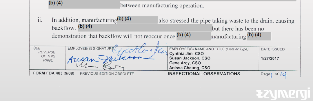 Gene D. Arcy FDA Investigator Susan M. Jackson FDA Investigator Cynthia Jim FDA Investigator 