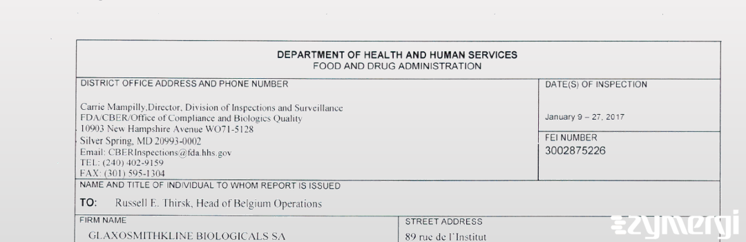 FDANews 483 GlaxoSmithKline Biologicals SA Jan 27 2017 top