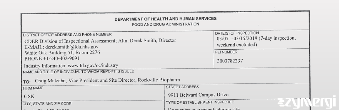 FDANews 483 GlaxoSmithKline dba Human Genome Sciences Inc Mar 15 2019 top