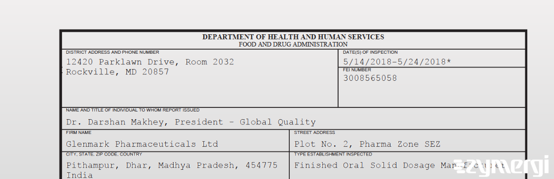 FDANews 483 Glenmark Pharmaceuticals Ltd May 24 2018 top