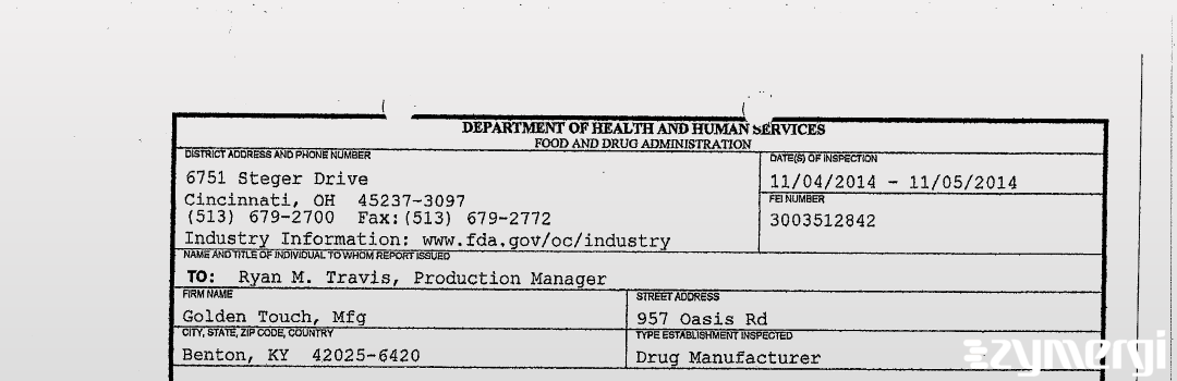 FDANews 483 Golden Touch, llc Nov 5 2014 top