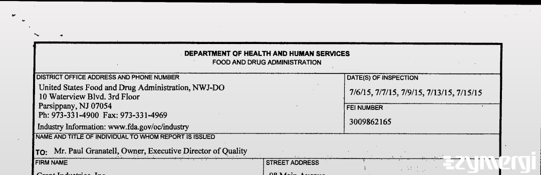 FDANews 483 Grant Industries,  Inc. Jul 15 2015 top