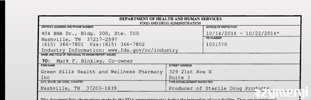 FDANews 483 Green Hills Health and Wellness Pharmacy Inc Oct 22 2014 top