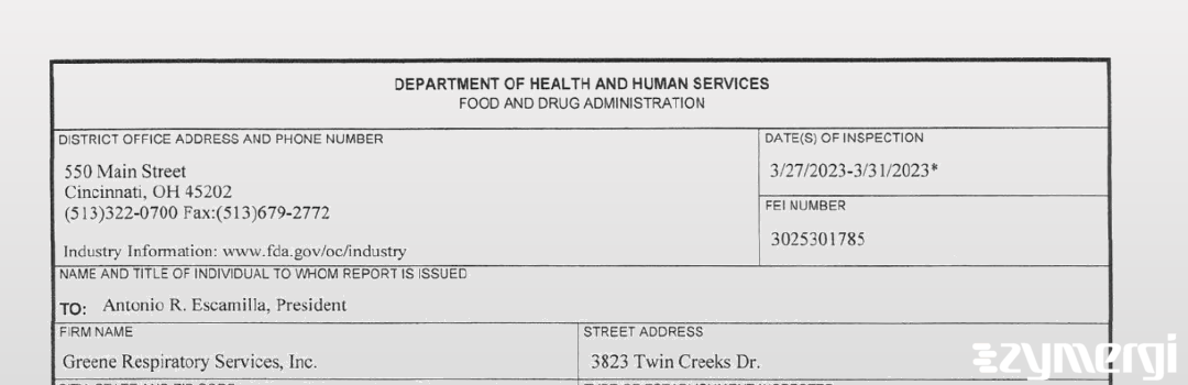 FDANews 483 Greene Respiratory Services Inc Mar 31 2023 top