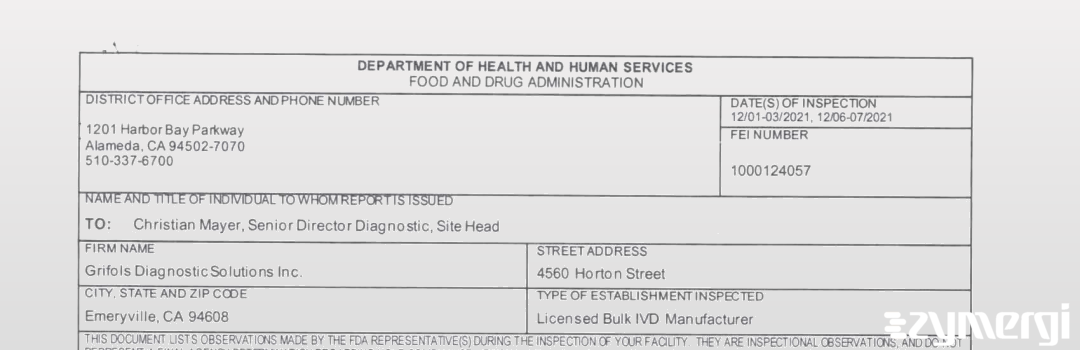 FDANews 483 Grifols Diagnostic Solutions Inc Dec 7 2021 top