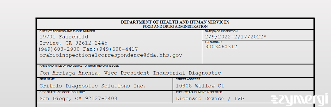 FDANews 483 Grifols Diagnostic Solutions Inc Feb 17 2022 top