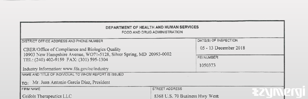 FDANews 483 Grifols Therapeutics LLC Dec 13 2018 top