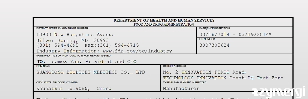 FDANews 483 GUANGDONG BIOLIGHT MEDITECH CO., LTD Mar 20 2014 top