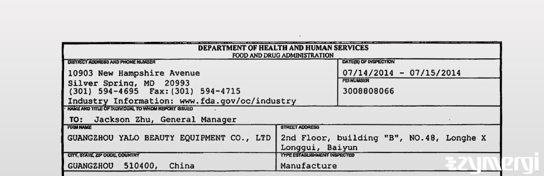 FDANews 483 GUANGZHOU YALO BEAUTY EQUIPMENT CO., LTD Jul 15 2014 top