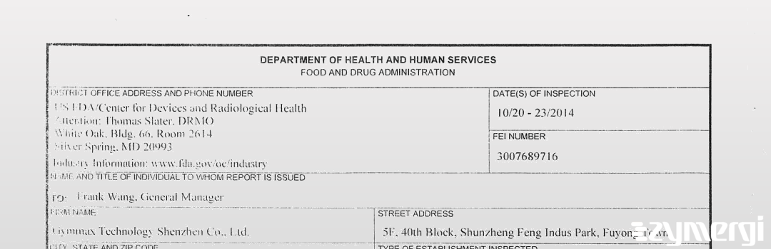 FDANews 483 GYMMAX TECHNOLOGY SHENZHEN CO., LTD. Oct 23 2014 top