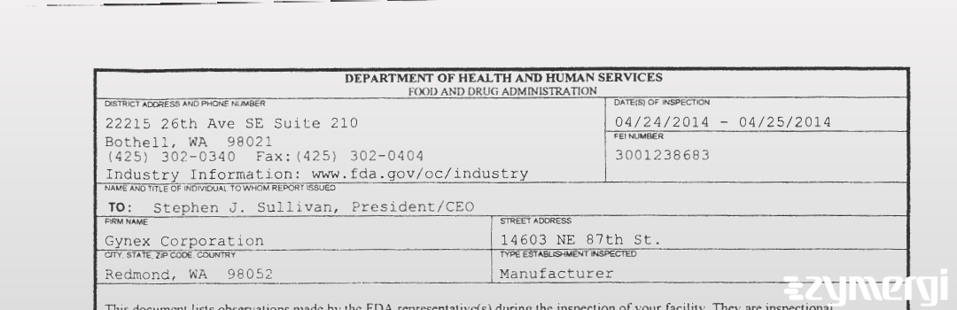 FDANews 483 Gynex Corporation Apr 25 2014 top