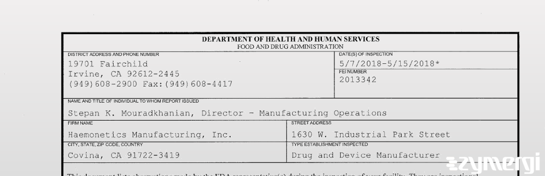 FDANews 483 Haemonetics Manufacturing, Inc. May 15 2018 top